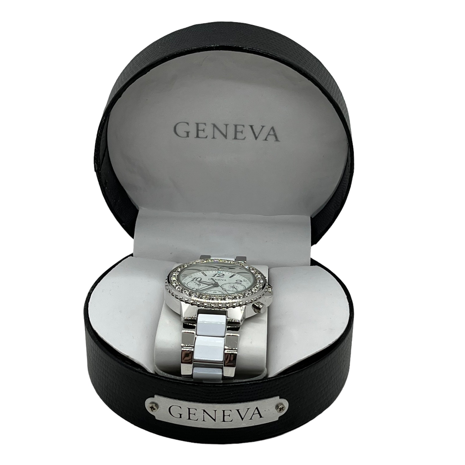 Geneva Watch Silver White Rhinestone Womens In Box No Papers But Attached